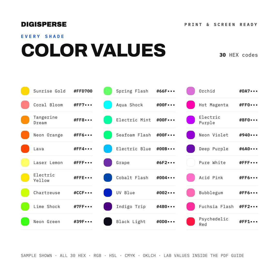 Psychedelic Poster Color Palette | 30 Colors | Hex RGB CMYK | Color Guide | Procreate Swatches + ASE | Digital Download