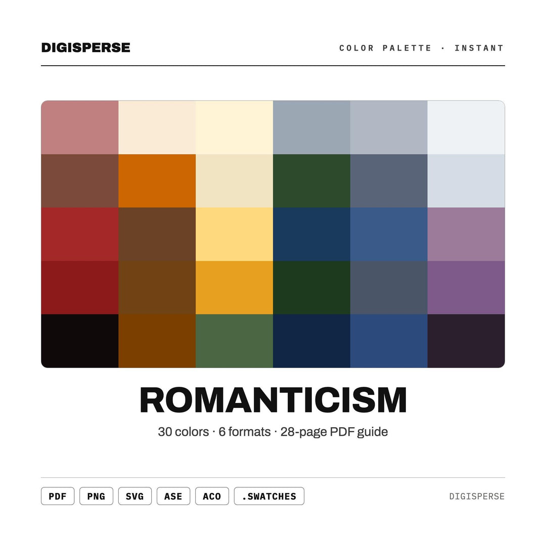 Dreamy Sublime Color Palette for Classical Landscape Art and Elegant Branding, 30 Romantic Era Hues, Procreate Swatches, Hex Codes