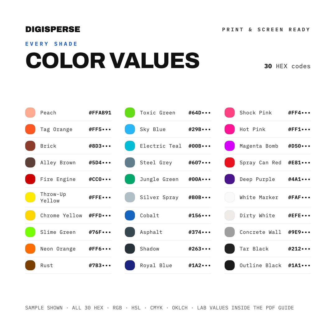 Street Art Color Palette | 30 Procreate Swatches, HEX, RGB, CMYK (Digital Download)