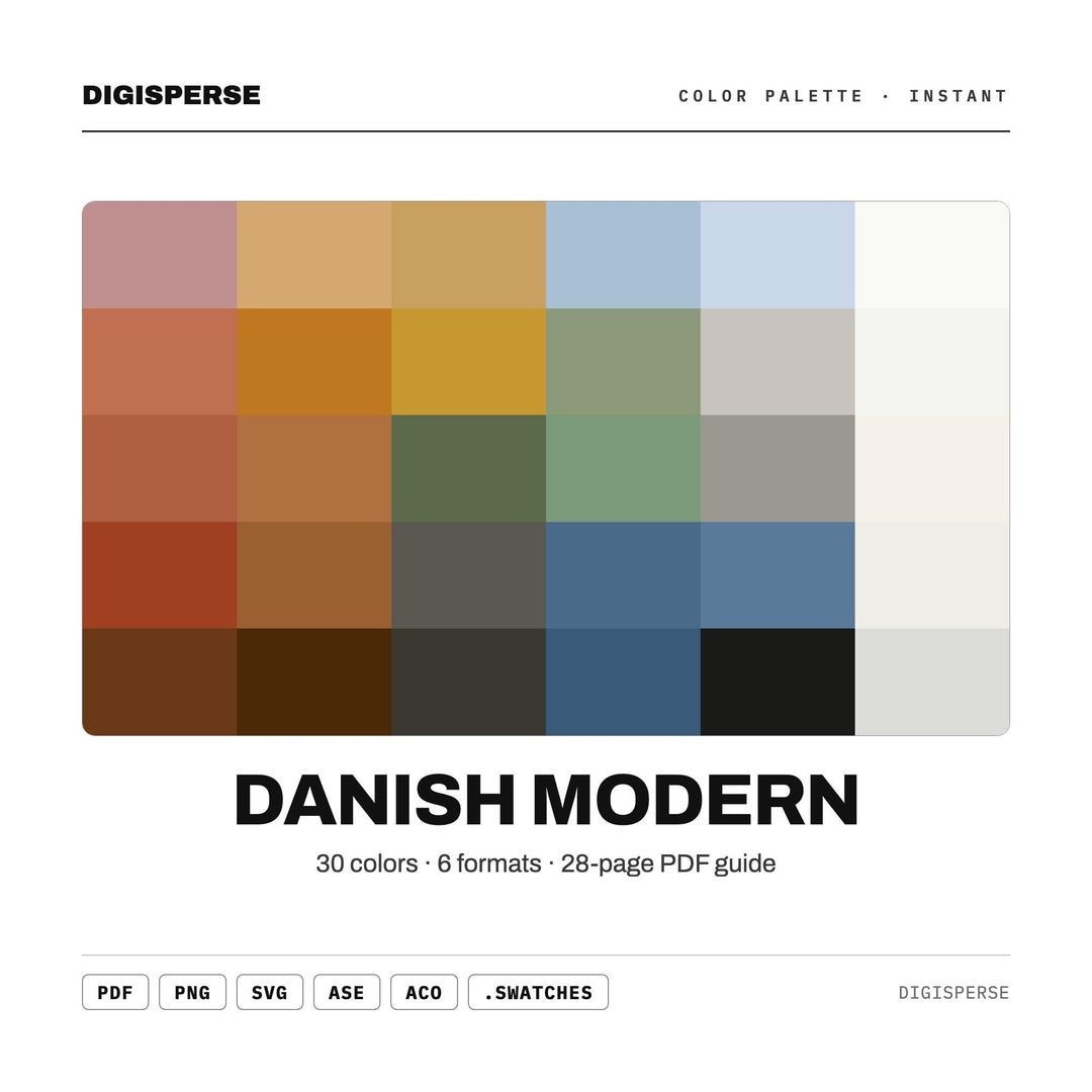 Danish Modern Color Palette | 30 Colors | Hex RGB CMYK | Color Guide | Procreate Swatches + ASE | Digital Download