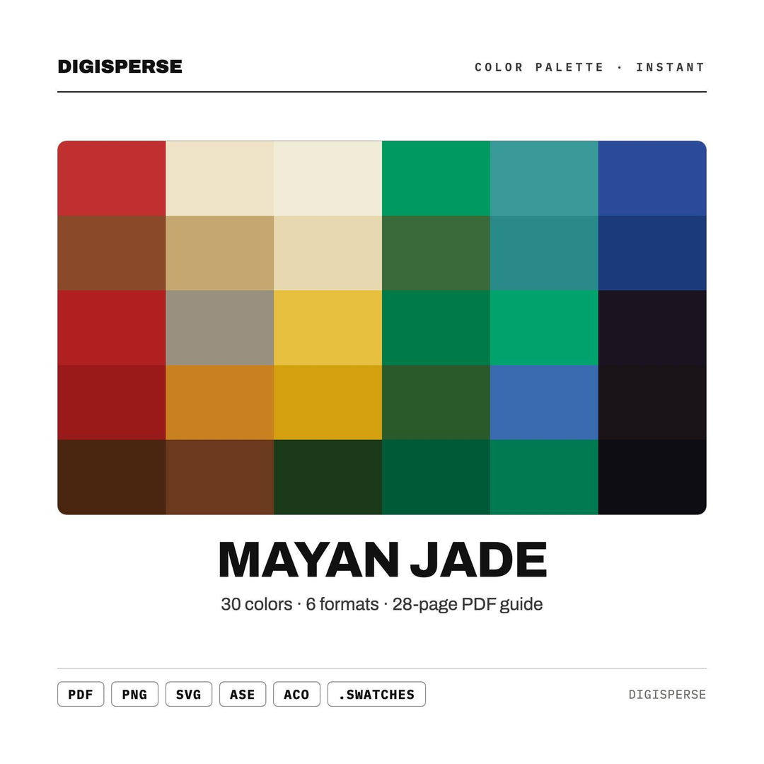 Mayan Jade Color Palette | 30 Colors | Hex RGB CMYK | Color Guide | Procreate Swatches + ASE | Digital Download