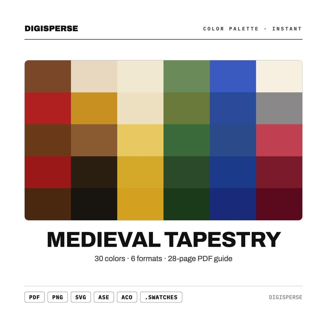 Medieval Tapestry Color Palette | 30 Colors | Hex RGB CMYK | Color Guide | Procreate Swatches + ASE | Digital Download