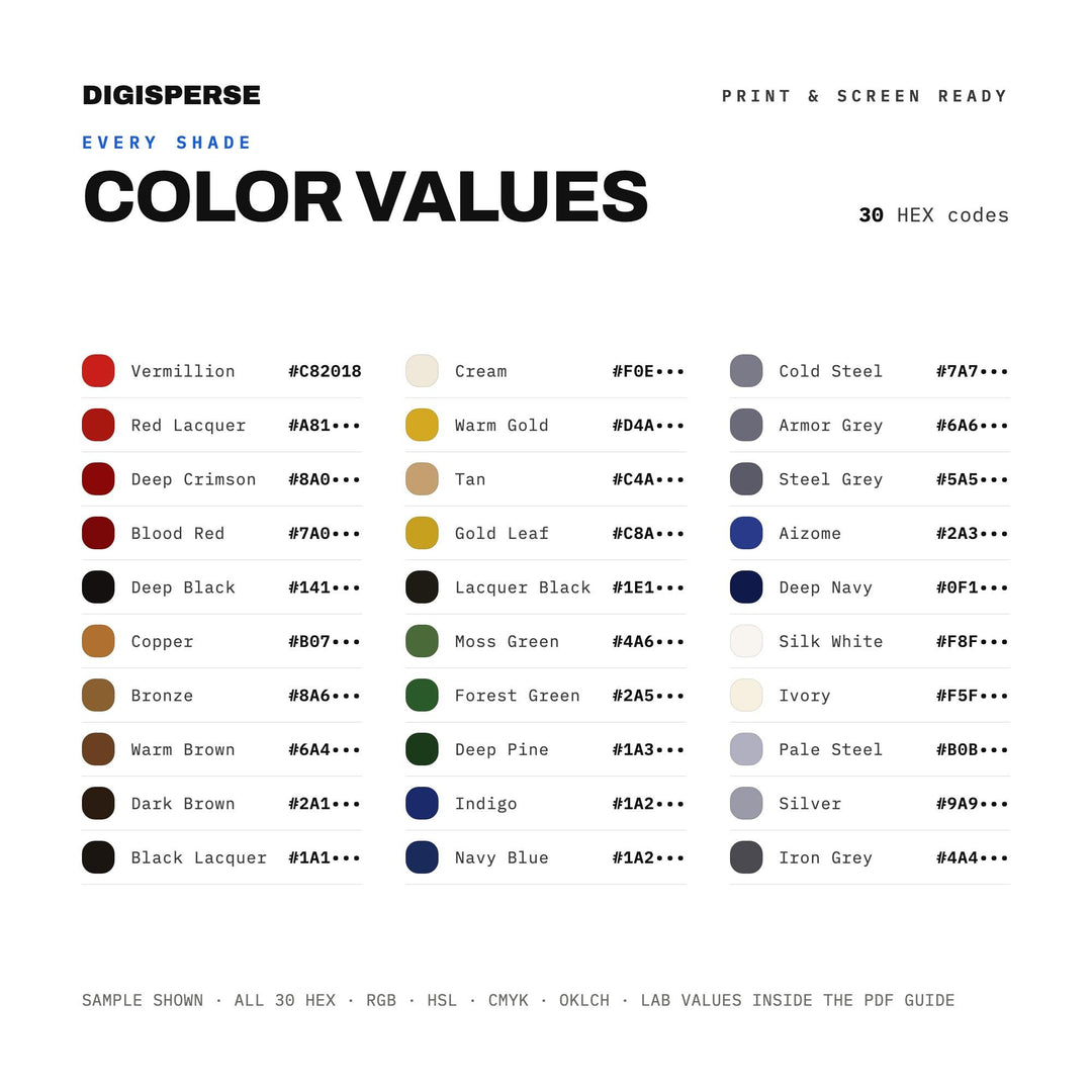 Samurai Code Color Palette | 30 Colors | Hex RGB CMYK | Color Guide | Procreate Swatches + ASE | Digital Download