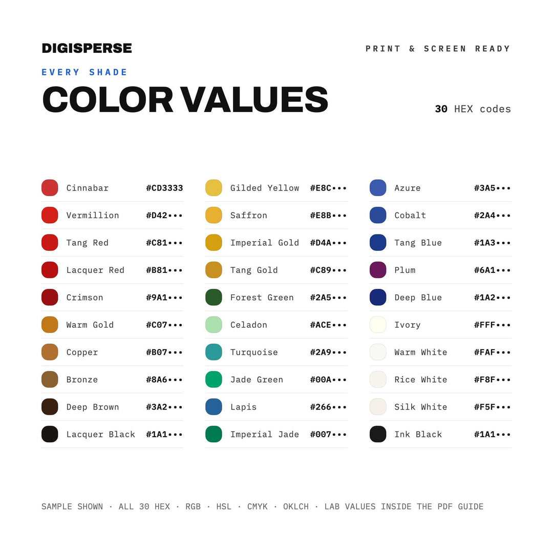Tang Dynasty Color Palette | 30 Colors | Hex RGB CMYK | Color Guide | Procreate Swatches + ASE | Digital Download