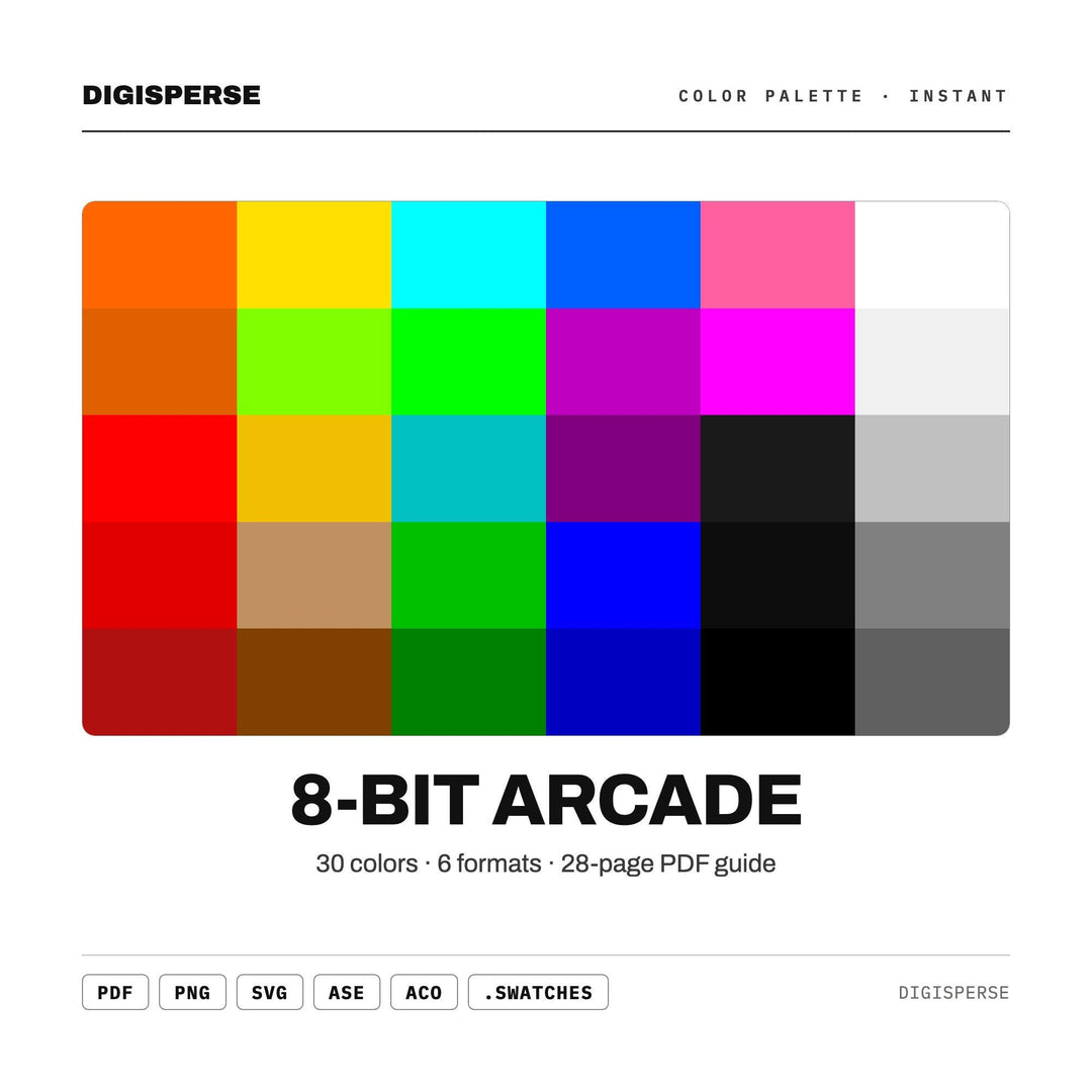8-Bit Arcade Color Palette | 30 Colors | Hex RGB CMYK | Color Guide | Procreate Swatches + ASE | Digital Download