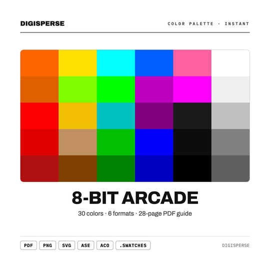 8-Bit Arcade Color Palette | 30 Colors | Hex RGB CMYK | Color Guide | Procreate Swatches + ASE | Digital Download