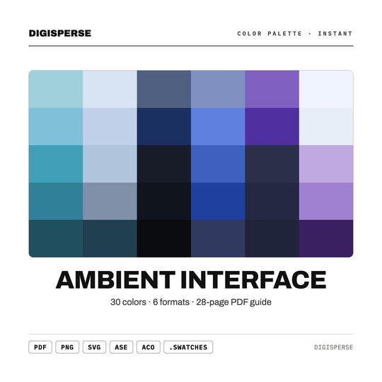 Calm Tech Color Palette for UI UX Design and Modern App Branding, 30 Ambient Interface Hues, Procreate Swatches, Hex Codes