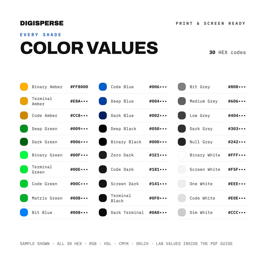 Binary Code Color Palette | 30 Tech Colors, Procreate, ASE (Digital Download)