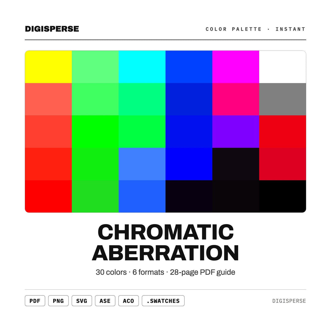 Neon Glitch Color Palette for Cyberpunk Art and Futuristic Gaming Design, 30 Chromatic Aberration Hues, Procreate Swatches, Hex Codes