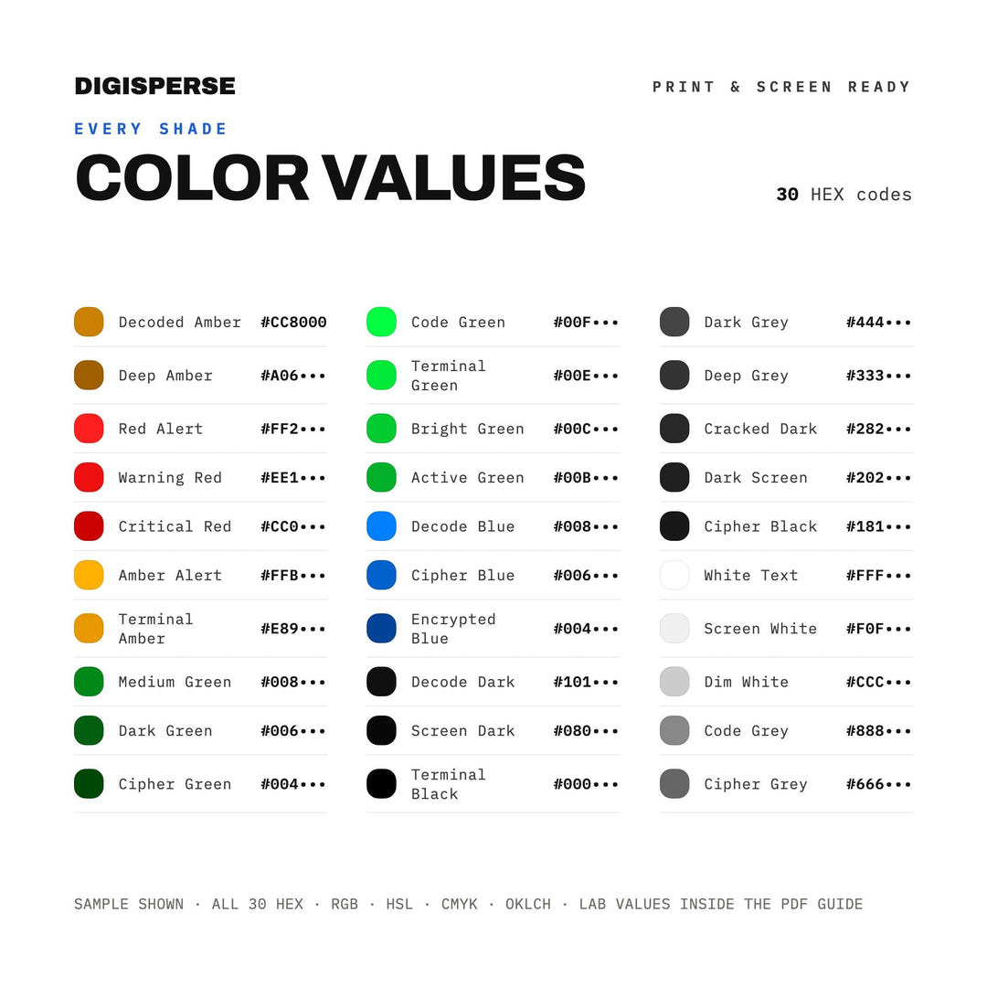 Retro Cipher Color Palette for Spy Thriller Art and Hacker Aesthetic Branding, 30 Codebreaker Green Hues, Procreate Swatches, Hex Codes
