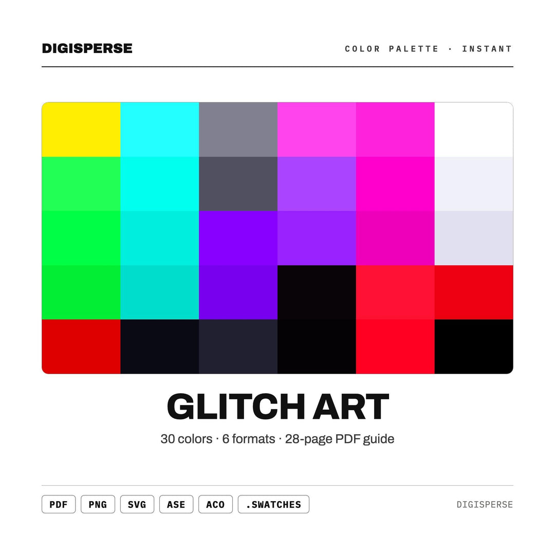 Glitch Art Color Palette | 30 Colors | Hex RGB CMYK | Color Guide | Procreate Swatches + ASE | Digital Download