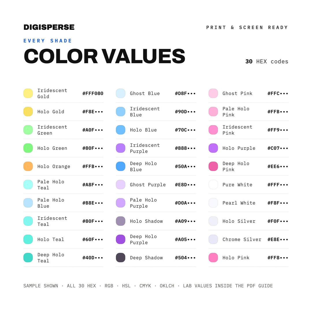Iridescent Y2K Color Palette for Futuristic Rave Art and Vaporwave Branding, 30 Holographic Shimmer Hues, Procreate Swatches, Hex Codes
