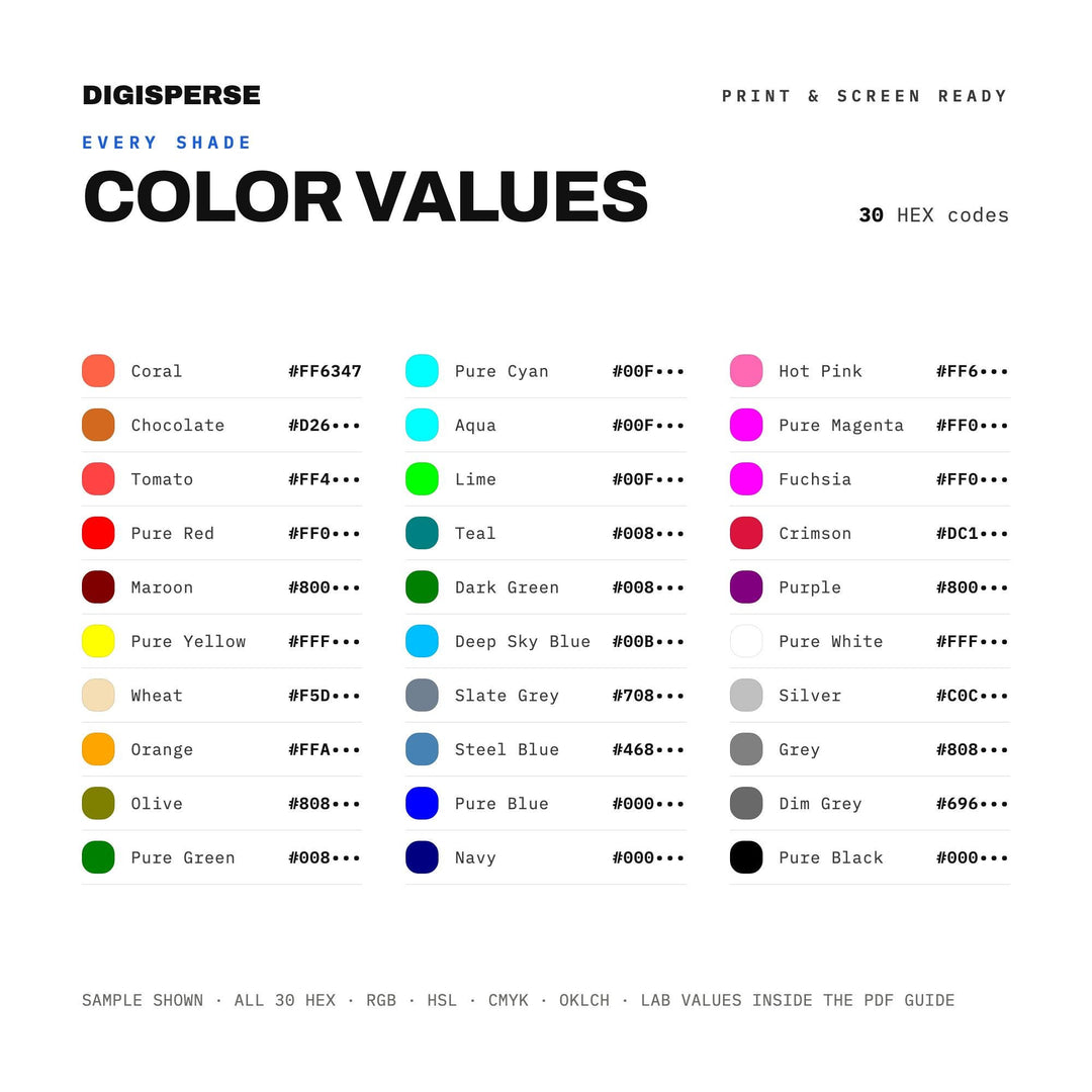 Html Root Color Palette | 30 Colors | Hex RGB CMYK | Color Guide | Procreate Swatches + ASE | Digital Download