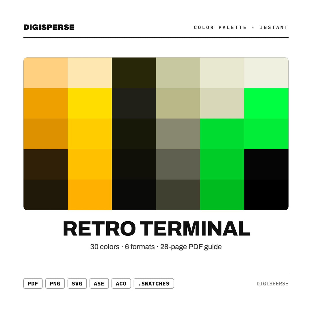 Retro Terminal Color Palette | 30 Procreate Swatches, HEX, RGB, CMYK (Digital Download)