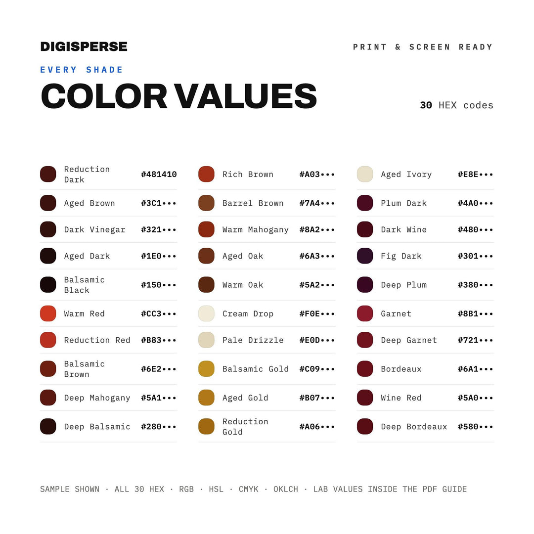 Balsamic Color Palette | 30 Deep Rich Tones, HEX, RGB, CMYK (Digital Download)
