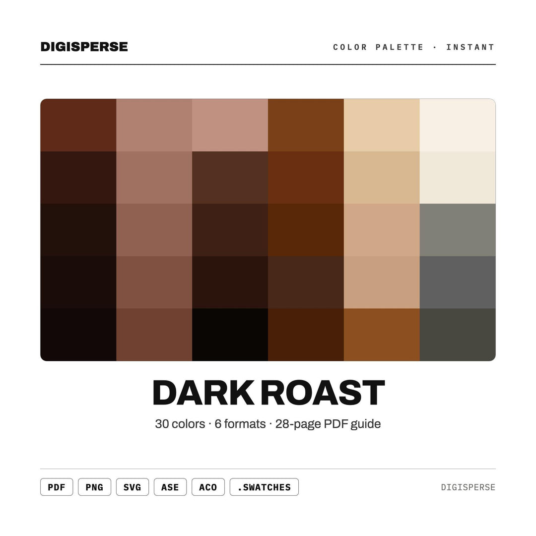 Dark Roast Color Palette | 30 Colors | Hex RGB CMYK | Color Guide | Procreate Swatches + ASE | Digital Download