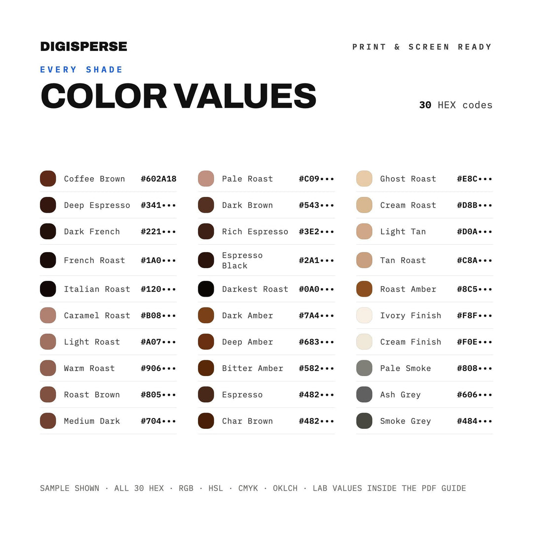 Dark Roast Color Palette | 30 Colors | Hex RGB CMYK | Color Guide | Procreate Swatches + ASE | Digital Download