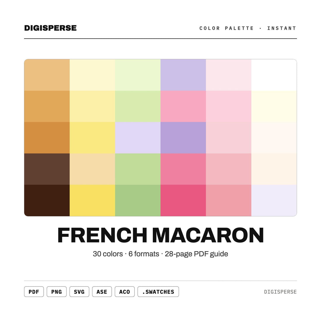 French Macaron Color Palette | 30 Colors | Hex RGB CMYK | Color Guide | Procreate Swatches + ASE | Digital Download