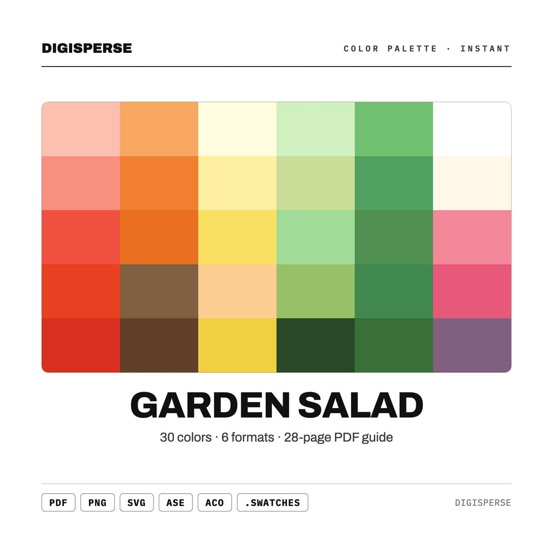Garden Salad Color Palette | 30 Colors | Hex RGB CMYK | Color Guide | Procreate Swatches + ASE | Digital Download