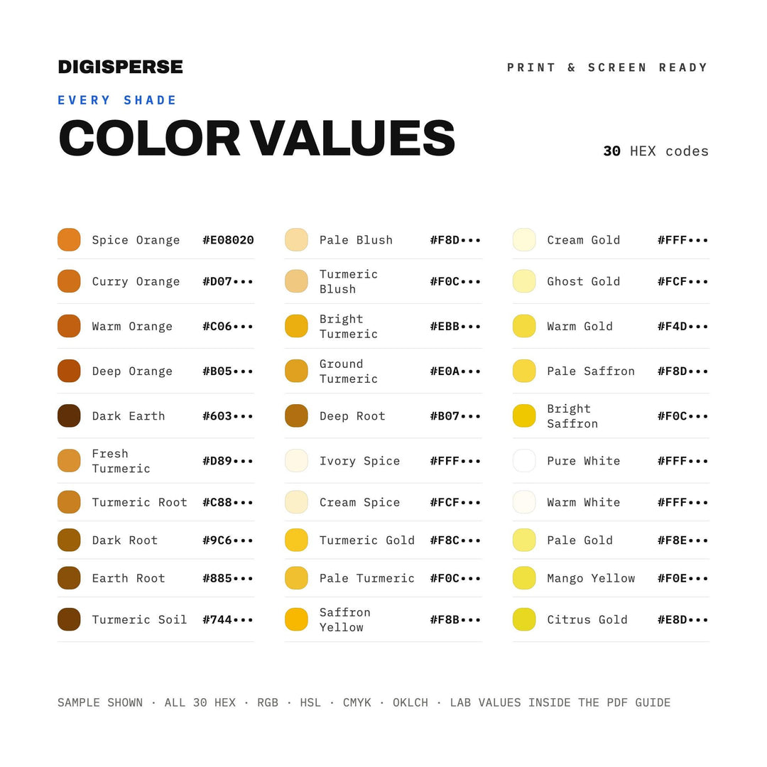 Golden Turmeric Color Palette | 30 Procreate Swatches, HEX, RGB, CMYK (Digital Download)
