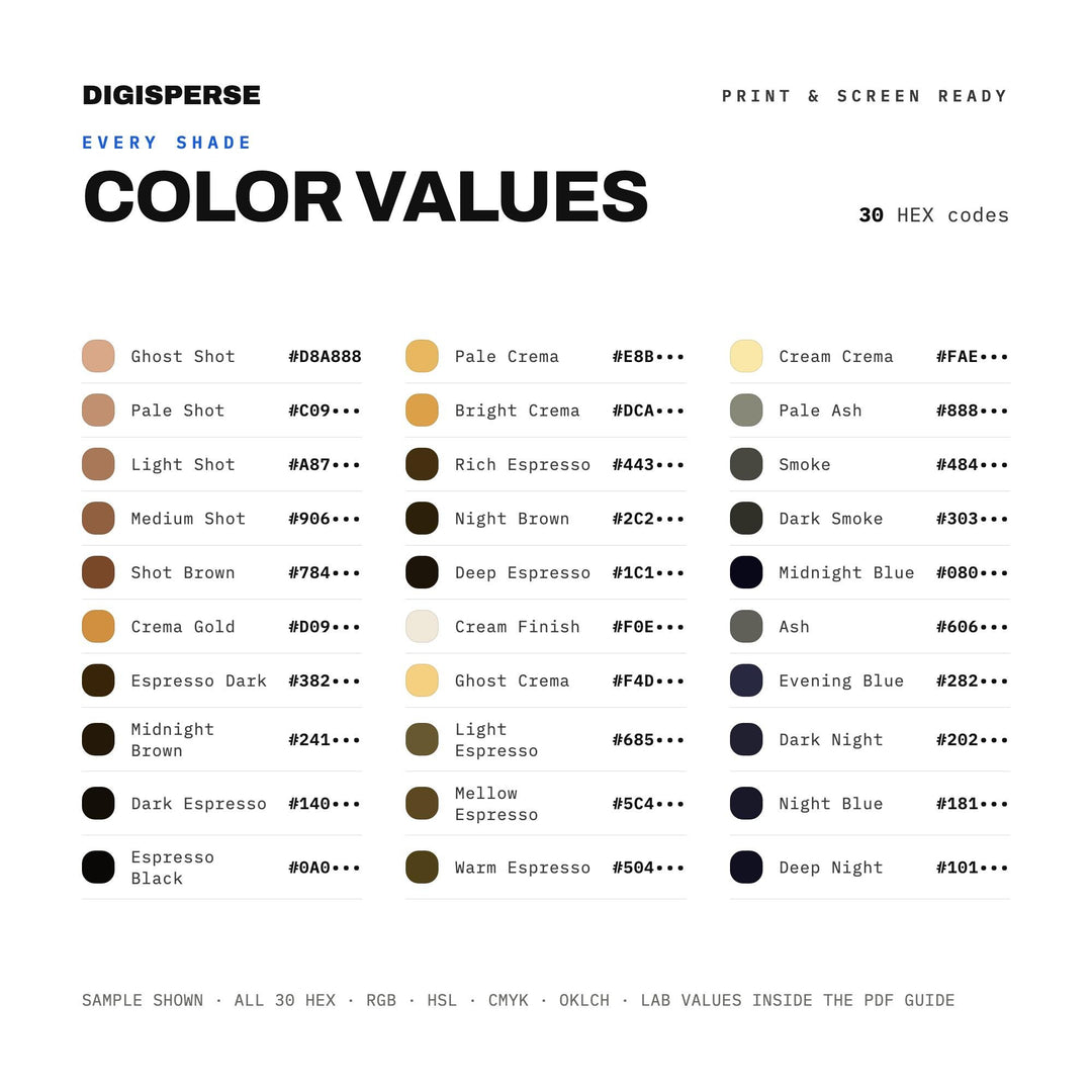 Midnight Espresso Color Palette | 30 Procreate Swatches, ASE, PDF Guide (Digital Download)