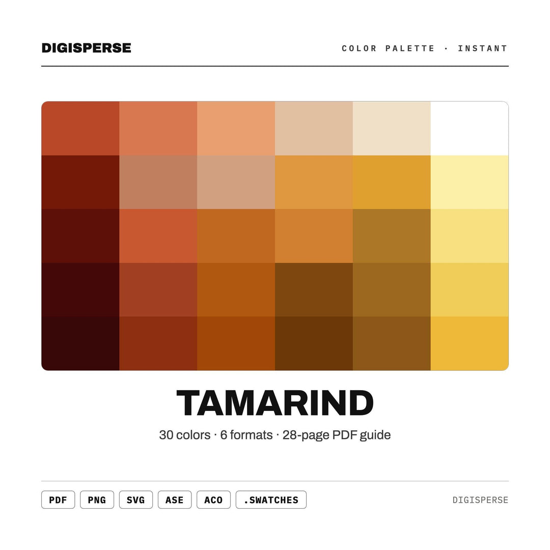 Warm Spice Color Palette for Tropical Kitchen Art and Earthy Branding, 30 Tamarind Brown Hues, Procreate Swatches, Hex Codes