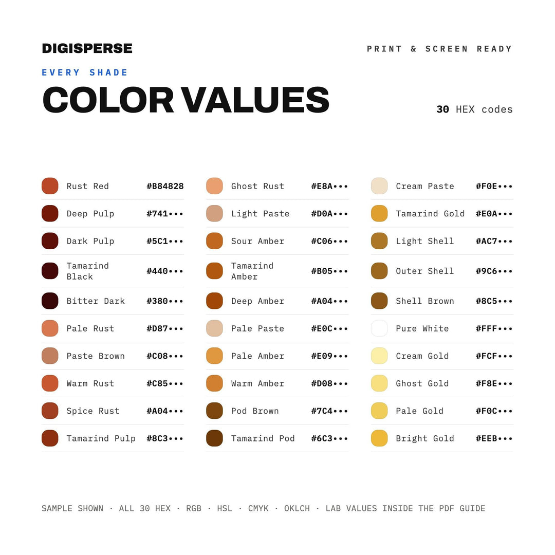 Warm Spice Color Palette for Tropical Kitchen Art and Earthy Branding, 30 Tamarind Brown Hues, Procreate Swatches, Hex Codes