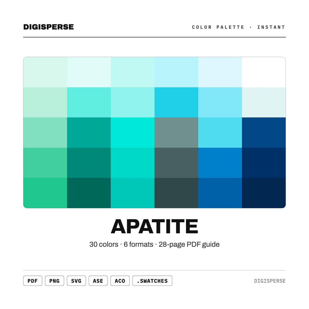 Vivid Teal Color Palette for Gemstone Art and Crystal Healing Branding, 30 Apatite Blue Hues, Procreate Swatches, Hex Codes