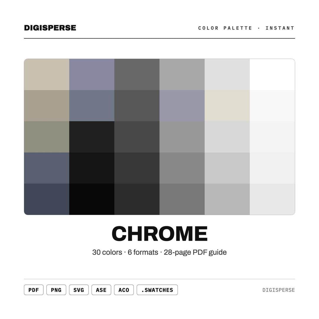 Liquid Metal Color Palette for Futuristic Y2K Art and Sleek Tech Branding, 30 Chrome Mirror Hues, Procreate Swatches, Hex Codes