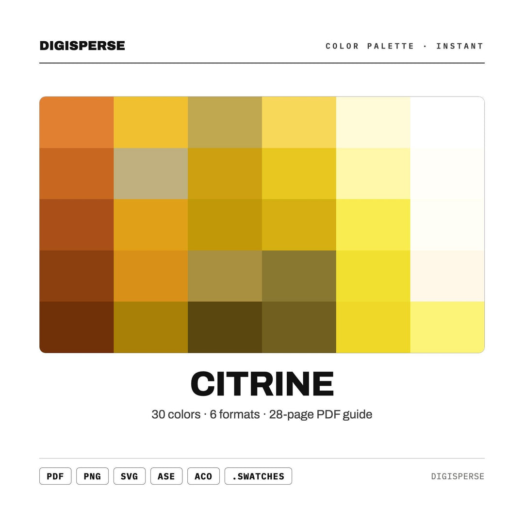 Citrine Color Palette | 30 Colors | Hex RGB CMYK | Color Guide | Procreate Swatches + ASE | Digital Download