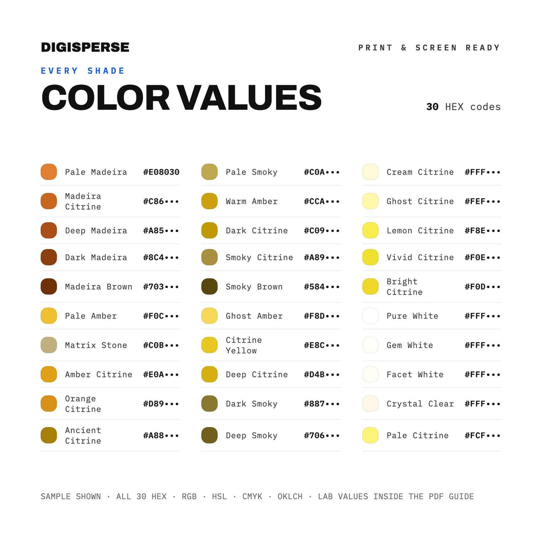 Citrine Color Palette | 30 Colors | Hex RGB CMYK | Color Guide | Procreate Swatches + ASE | Digital Download