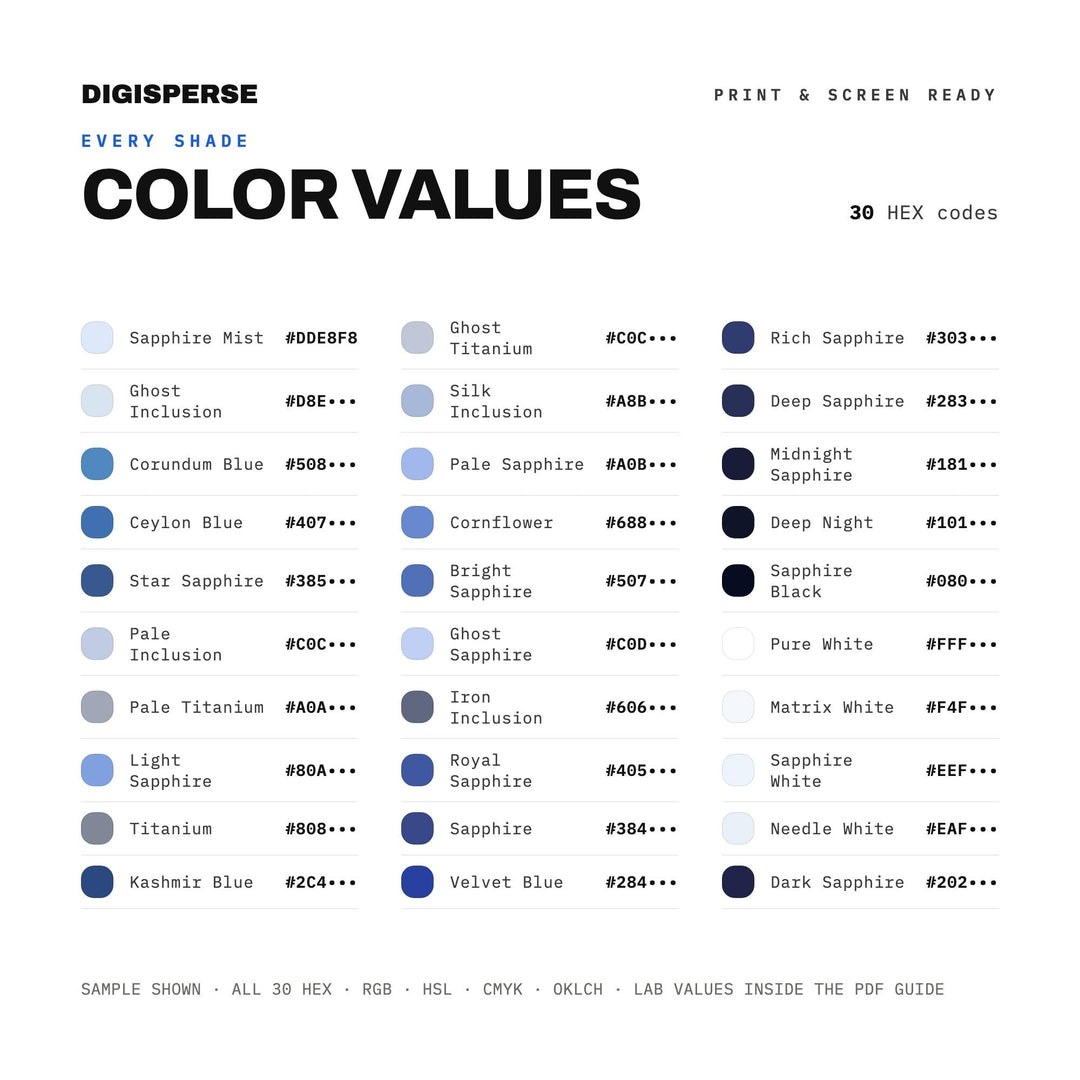 Deep Sapphire Color Palette | 30 Colors | Hex RGB CMYK | Color Guide | Procreate Swatches + ASE | Digital Download