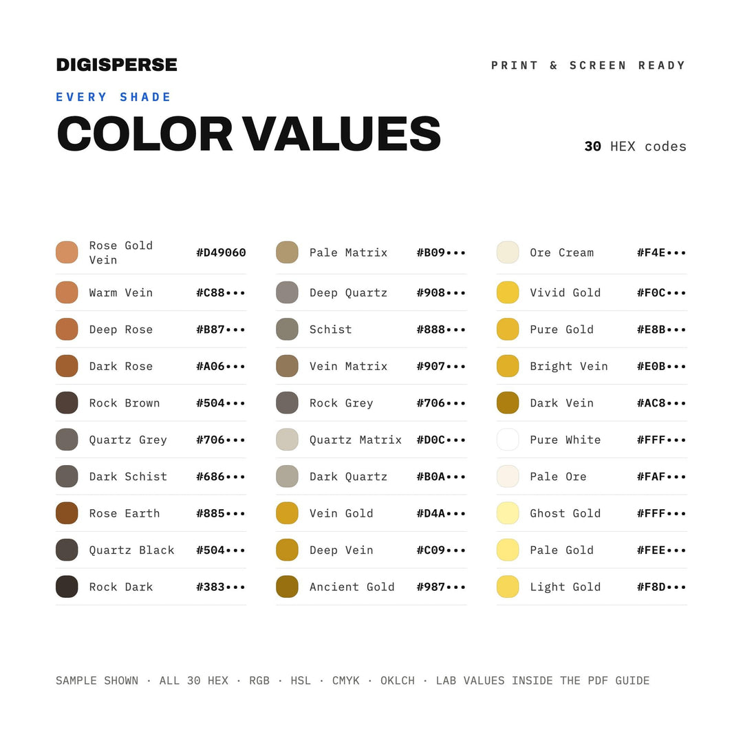 Gold Vein Color Palette | 30 Procreate Swatches, HEX, RGB, CMYK (Digital Download)