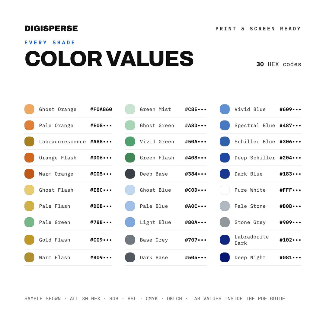 Iridescent Grey Color Palette for Mystic Crystal Art and Gemstone Branding, 30 Labradorite Flash Hues, Procreate Swatches, Hex Codes