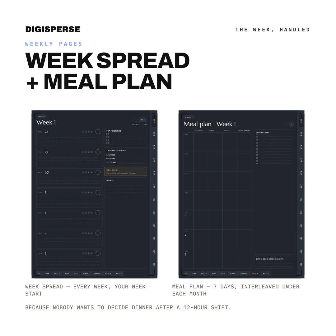 Night Shift Planner 2027 Dated | Dark Mode Digital PDF, 548 Hyperlinked Pages | Rotation, Pay + Sleep Trackers | 3 Week Starts Included