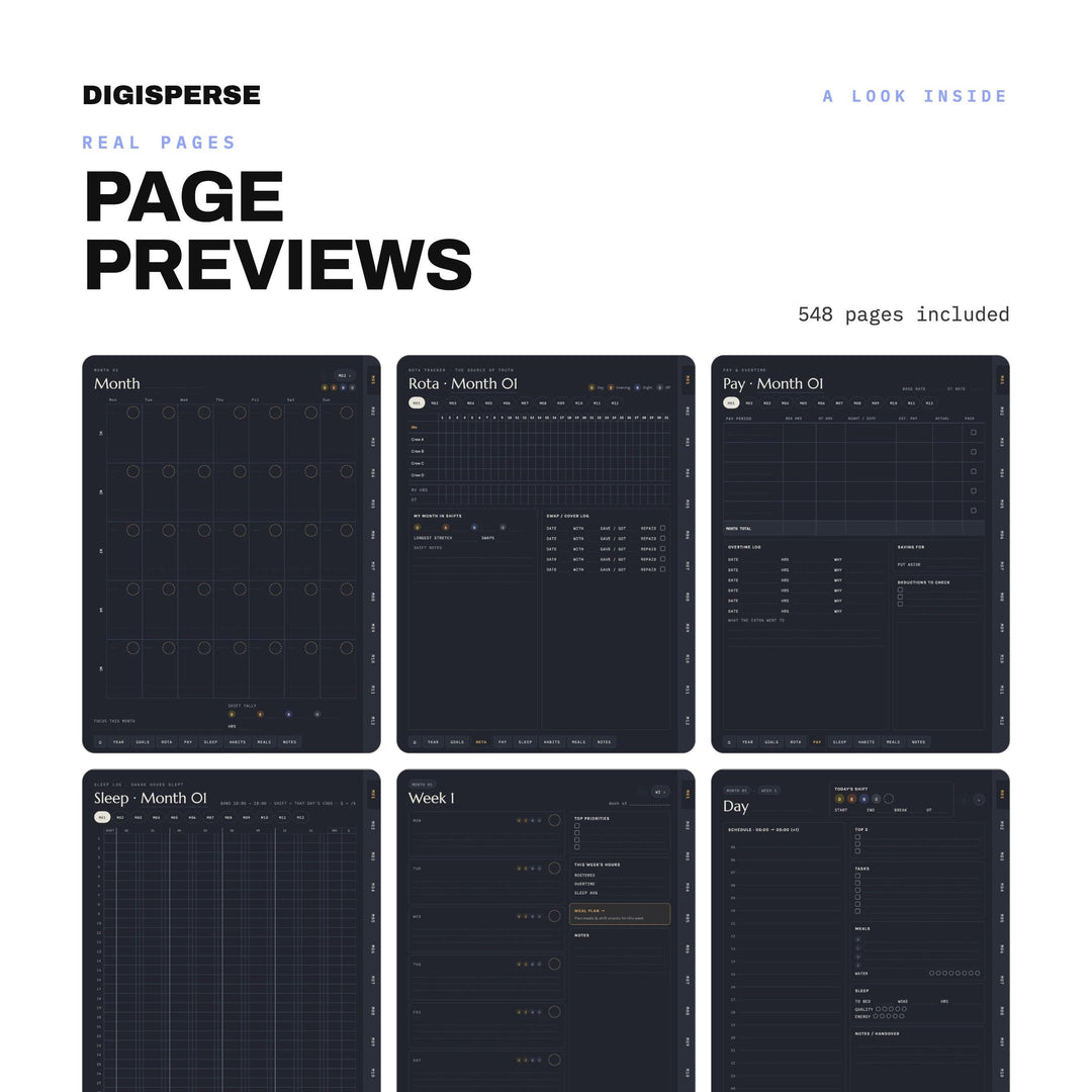Undated Night Shift Planner | Dark Mode Digital PDF, 548 Hyperlinked Pages | Rotation, Pay + Sleep Trackers | Start Any Week of Any Year