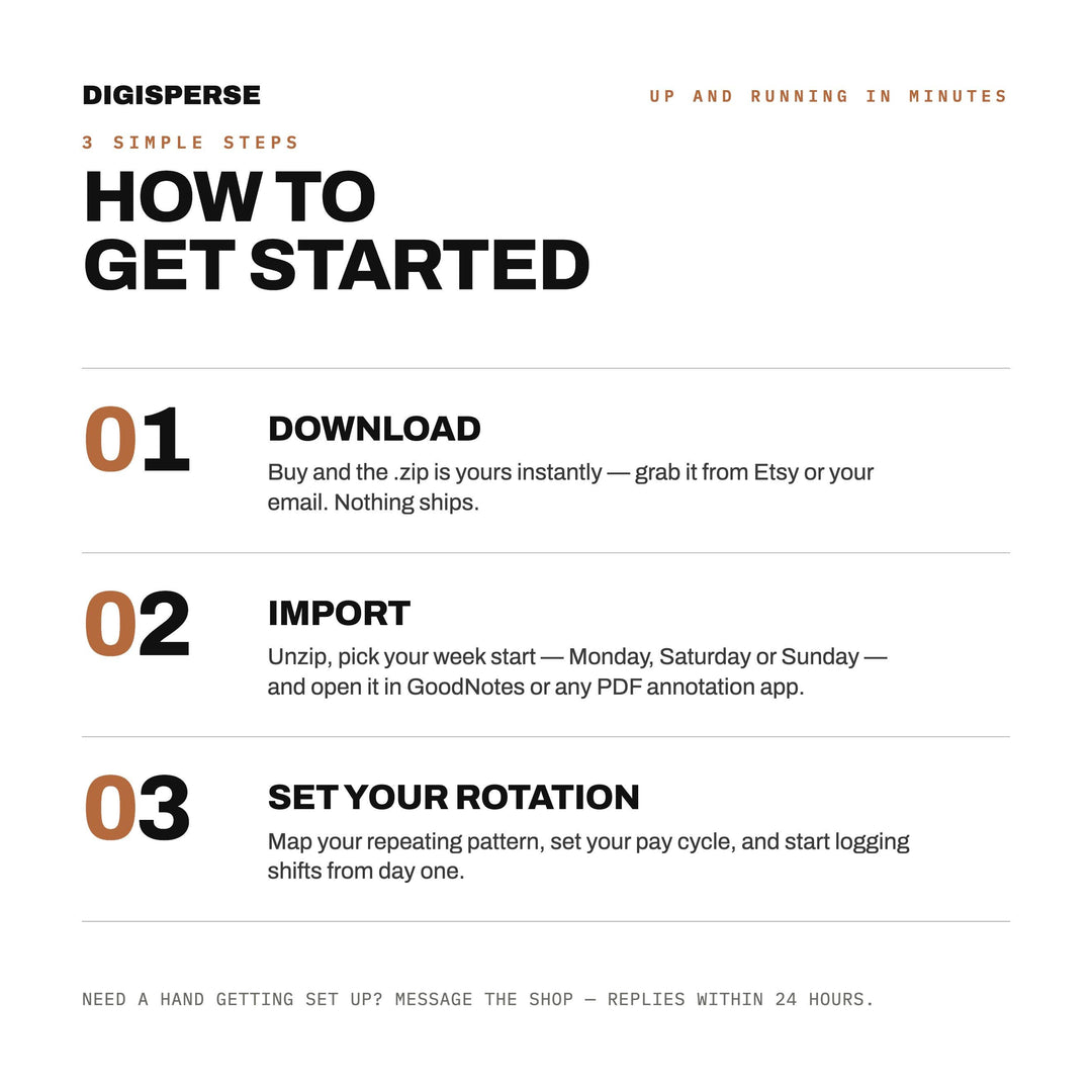 Undated Shift Work Planner | Warm Minimal Digital PDF, 548 Hyperlinked Pages | Rotation, Pay + Sleep Trackers | Reusable for Any Year