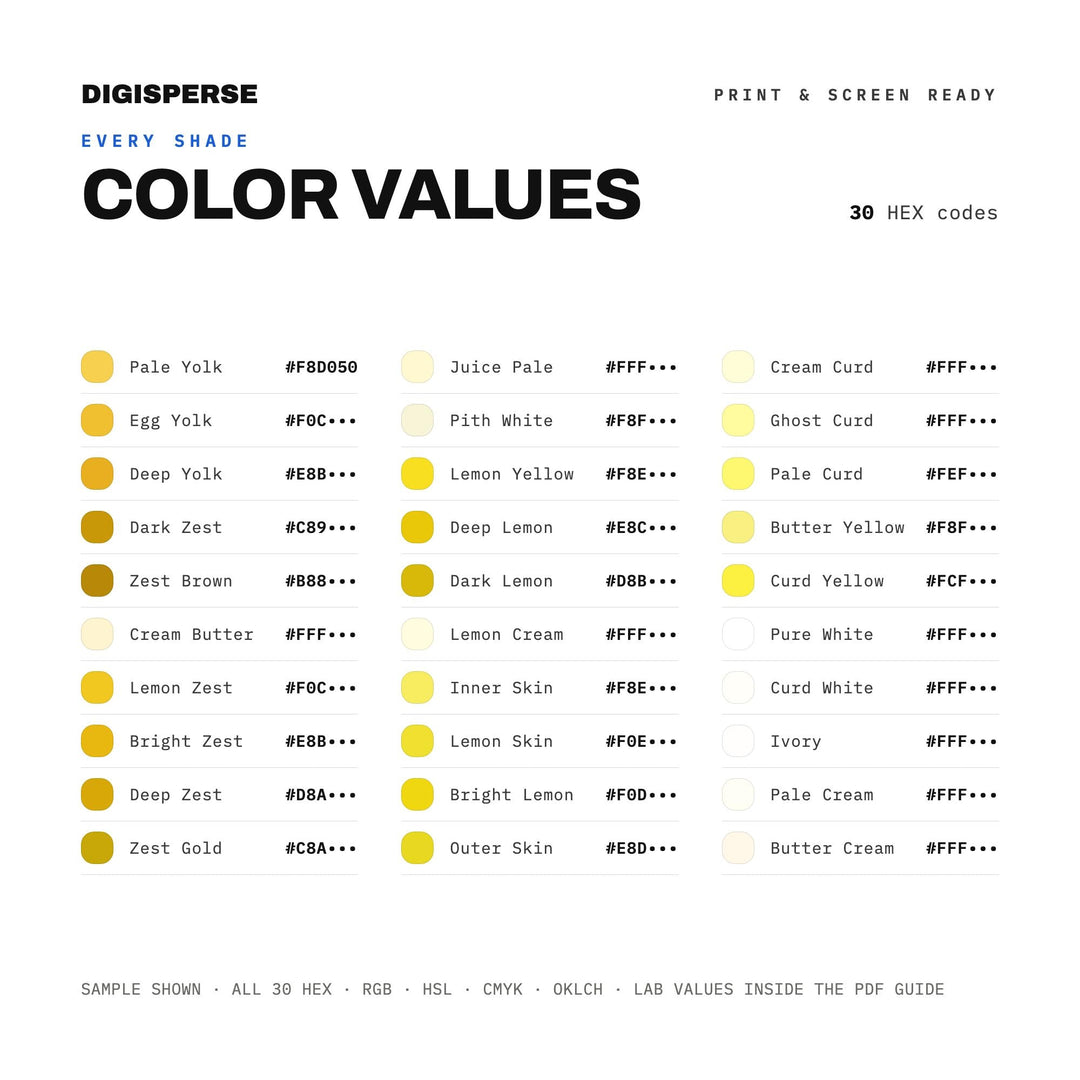Lemon Curd Color Palette | 30 Colors | Hex RGB CMYK | Color Guide | Procreate Swatches + ASE | Digital Download