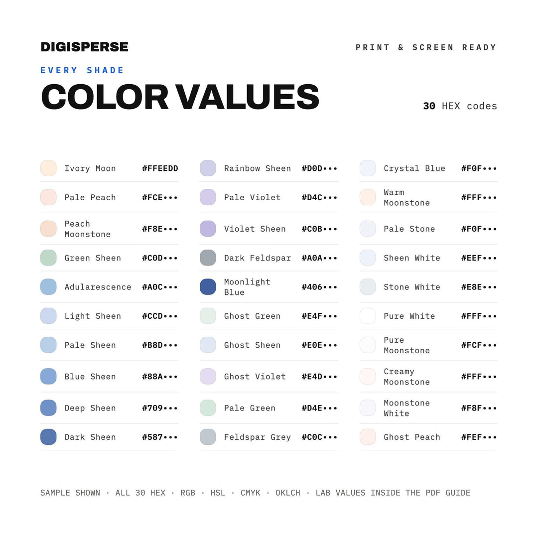 Milky Iridescent Color Palette for Crystal Gemstone Art and Mystical Branding, 30 Moonstone Glow Hues, Procreate Swatches, Hex Codes