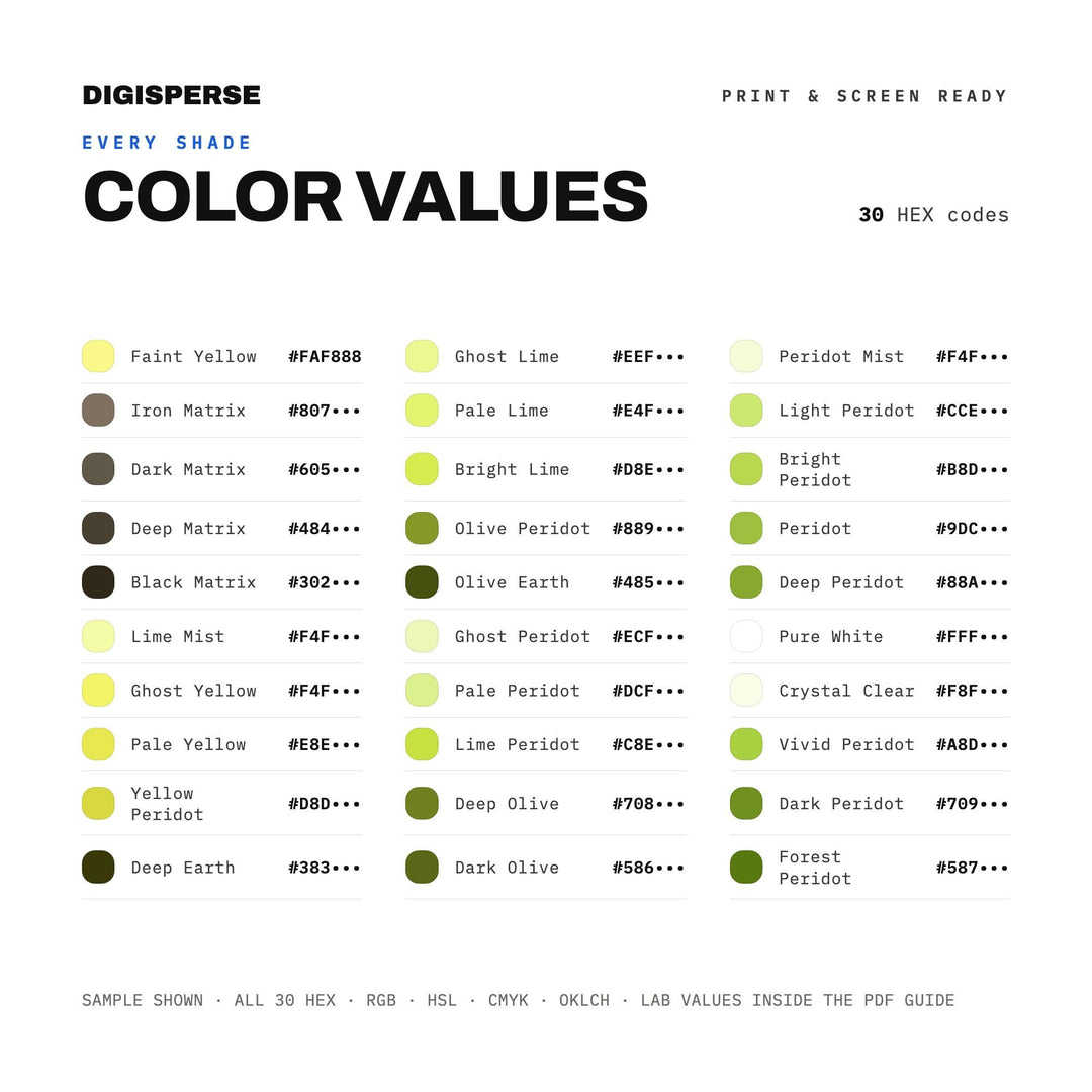 Peridot Color Palette | 30 Colors | Hex RGB CMYK | Color Guide | Procreate Swatches + ASE | Digital Download