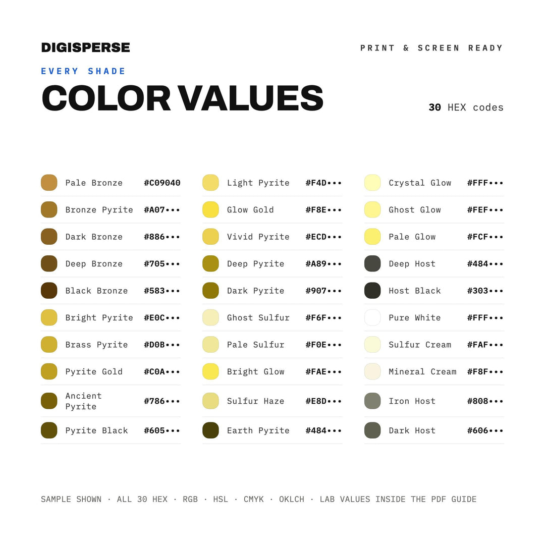 Pyrite Glow Color Palette | 30 Metallic Gold, Brass, Amber Tones (Digital Download)
