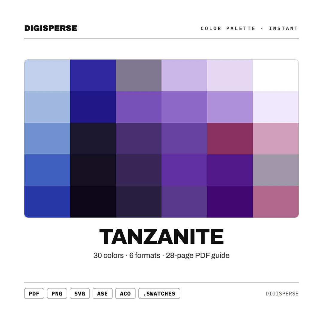 Deep Violet Color Palette for Luxury Gemstone Art and Elegant Jewelry Branding, 30 Tanzanite Blue Hues, Procreate Swatches, Hex Codes