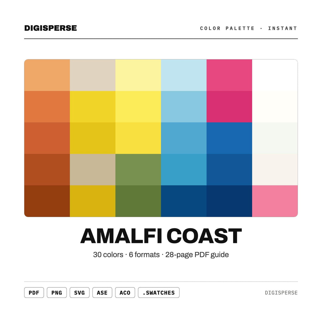 Amalfi Coast Color Palette | 30 Colors | Hex RGB CMYK | Color Guide | Procreate Swatches + ASE | Digital Download