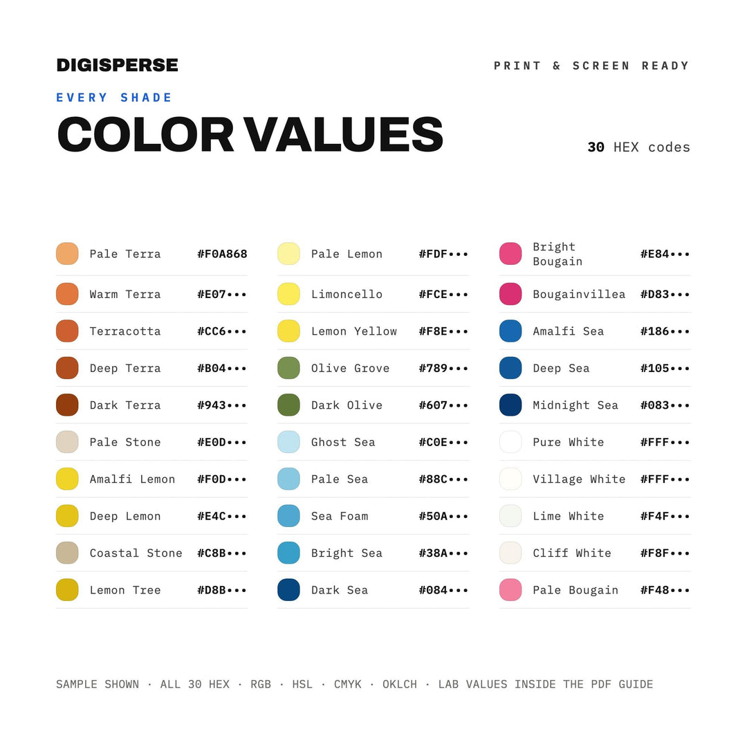Amalfi Coast Color Palette | 30 Colors | Hex RGB CMYK | Color Guide | Procreate Swatches + ASE | Digital Download