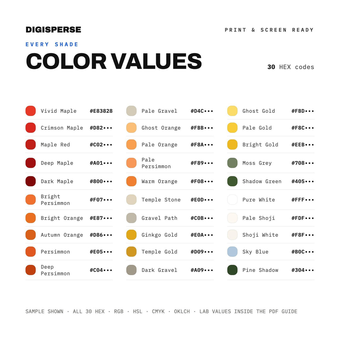 Kyoto In Fall Color Palette | 30 Colors | Hex RGB CMYK | Color Guide | Procreate Swatches + ASE | Digital Download