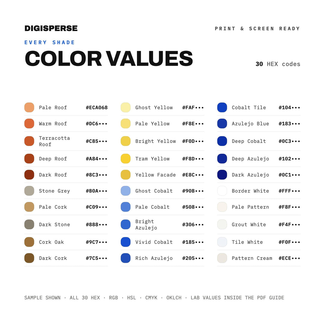 Lisbon Tiles Color Palette | 30 Procreate Swatches, HEX, RGB, CMYK (Digital Download)