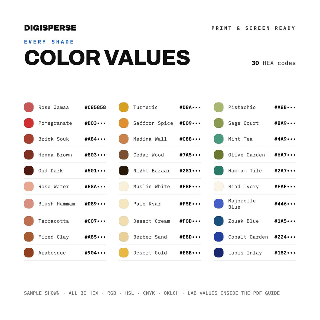 Marrakech Color Palette | 30 Colors | Hex RGB CMYK | Color Guide | Procreate Swatches + ASE | Digital Download