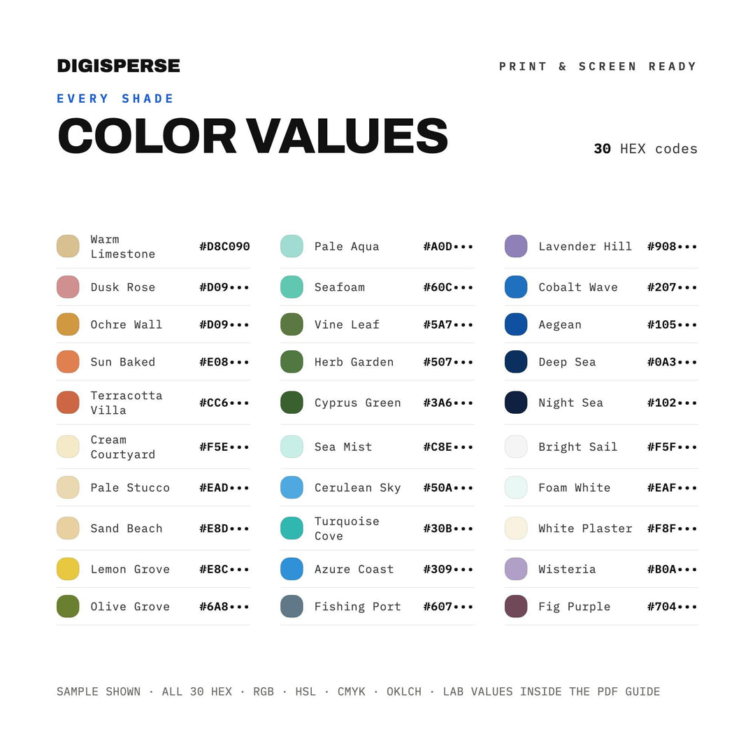 Mediterranean Color Palette | 30 Hex RGB CMYK Swatches (Digital Download)