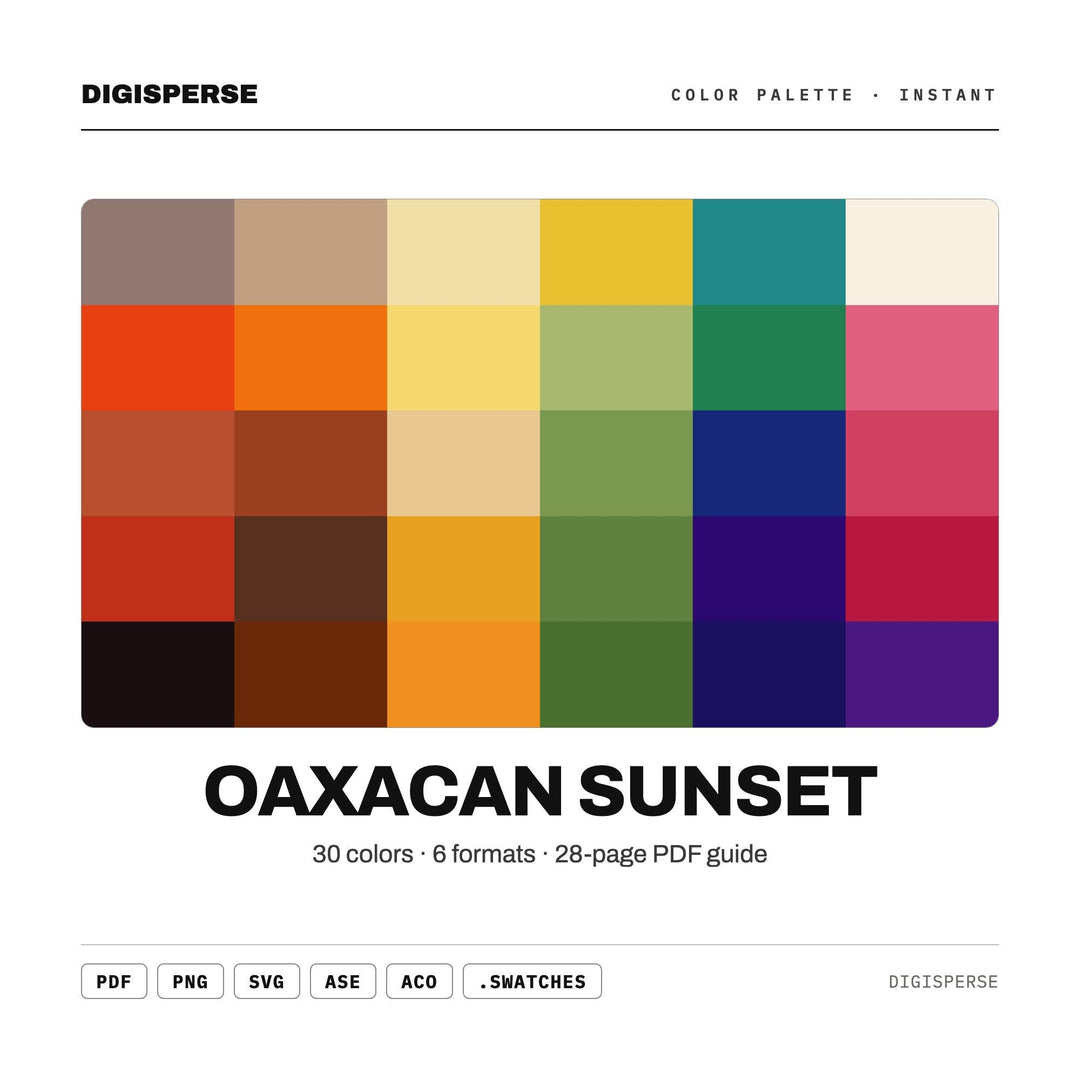 Oaxacan Sunset Color Palette | 30 Colors | Hex RGB CMYK | Color Guide | Procreate Swatches + ASE | Digital Download