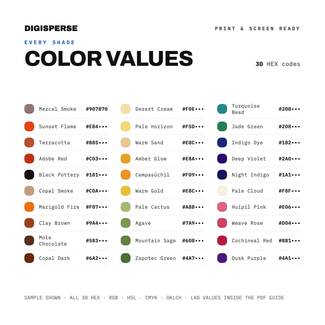 Oaxacan Sunset Color Palette | 30 Colors | Hex RGB CMYK | Color Guide | Procreate Swatches + ASE | Digital Download